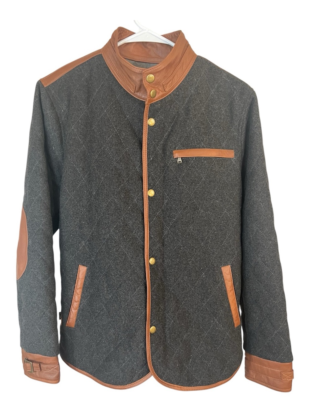 Men's Antilope Ecuador Charcoal Wool Quilted Field Jacket with Tan Leather Trim